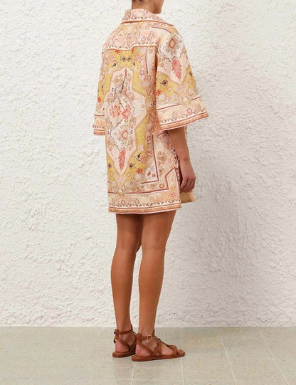 Wylie tunic dress, linen cotton dress for women, printed tunic dress, mini shirt dress, peach printed dress, summer dress for women, resort wear dress, vacation dress for women, collared tunic dress, casual western dress, printed mini dress, relaxed fit dress, brunch outfit for women, stylish summer outfits, women’s dresses online India, PoshBella dresses