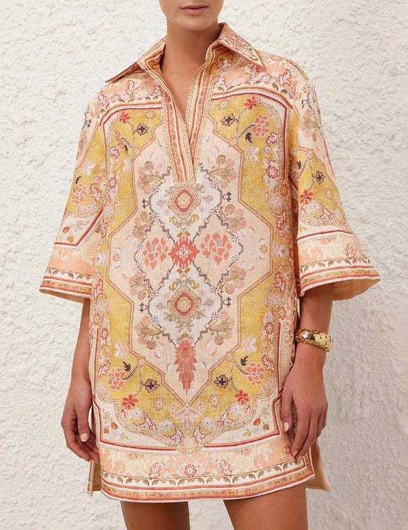 Wylie tunic dress, linen cotton dress for women, printed tunic dress, mini shirt dress, peach printed dress, summer dress for women, resort wear dress, vacation dress for women, collared tunic dress, casual western dress, printed mini dress, relaxed fit dress, brunch outfit for women, stylish summer outfits, women’s dresses online India, PoshBella dresses
