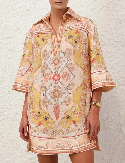 Wylie tunic dress, linen cotton dress for women, printed tunic dress, mini shirt dress, peach printed dress, summer dress for women, resort wear dress, vacation dress for women, collared tunic dress, casual western dress, printed mini dress, relaxed fit dress, brunch outfit for women, stylish summer outfits, women’s dresses online India, PoshBella dresses