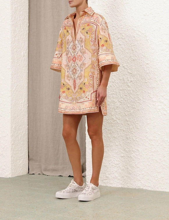Wylie tunic dress, linen cotton dress for women, printed tunic dress, mini shirt dress, peach printed dress, summer dress for women, resort wear dress, vacation dress for women, collared tunic dress, casual western dress, printed mini dress, relaxed fit dress, brunch outfit for women, stylish summer outfits, women’s dresses online India, PoshBella dresses