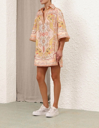 Wylie tunic dress, linen cotton dress for women, printed tunic dress, mini shirt dress, peach printed dress, summer dress for women, resort wear dress, vacation dress for women, collared tunic dress, casual western dress, printed mini dress, relaxed fit dress, brunch outfit for women, stylish summer outfits, women’s dresses online India, PoshBella dresses