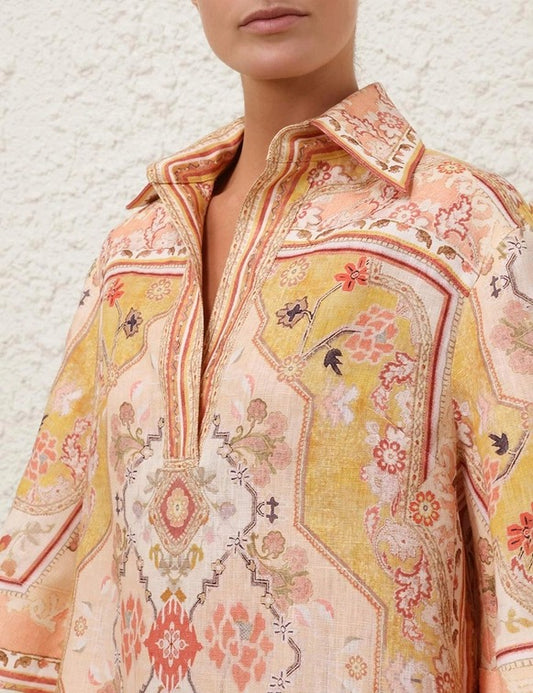 Wylie tunic dress, linen cotton dress for women, printed tunic dress, mini shirt dress, peach printed dress, summer dress for women, resort wear dress, vacation dress for women, collared tunic dress, casual western dress, printed mini dress, relaxed fit dress, brunch outfit for women, stylish summer outfits, women’s dresses online India, PoshBella dresses