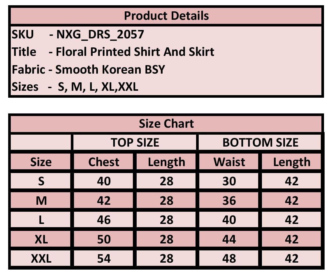 Product details and size chart for floral printed shirt and skirt with fabric information.