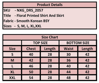 Product details and size chart for floral printed shirt and skirt with fabric information.