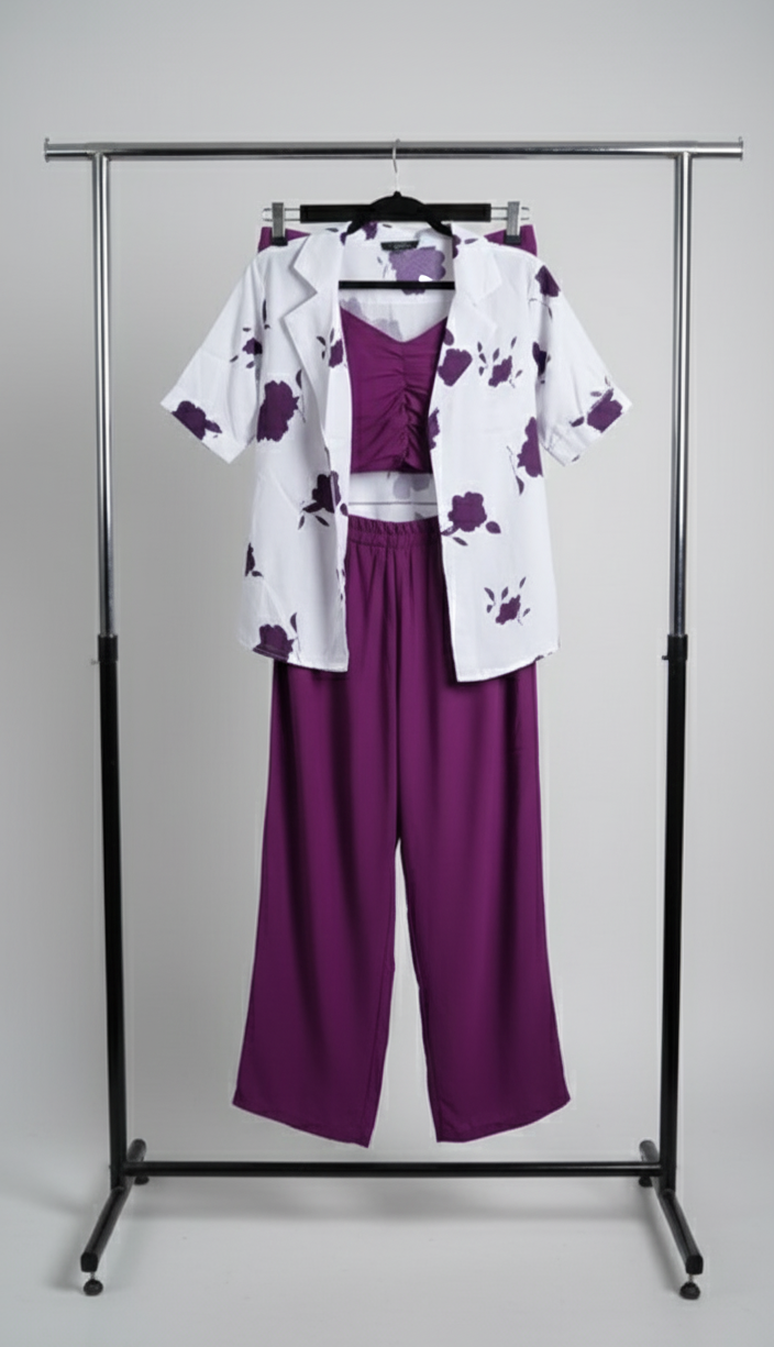 Purple 3-piece women’s co-ord set with ruched crop top, pants and printed shirt