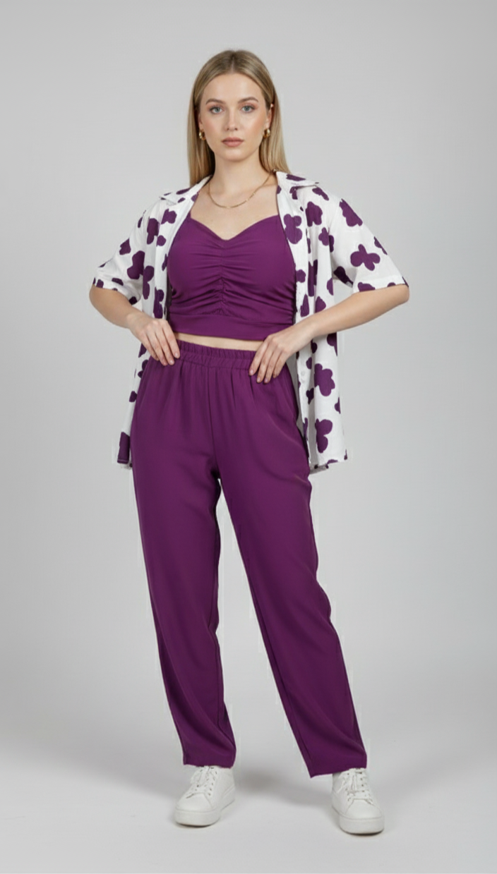Purple 3-piece women’s co-ord set with ruched crop top, pants and printed shirt