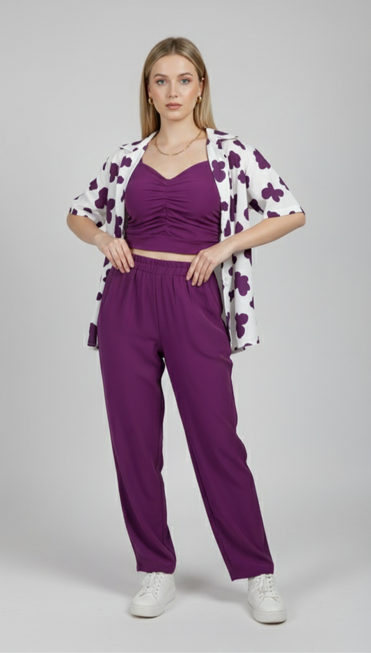 Purple 3-piece women’s co-ord set with ruched crop top, pants and printed shirt