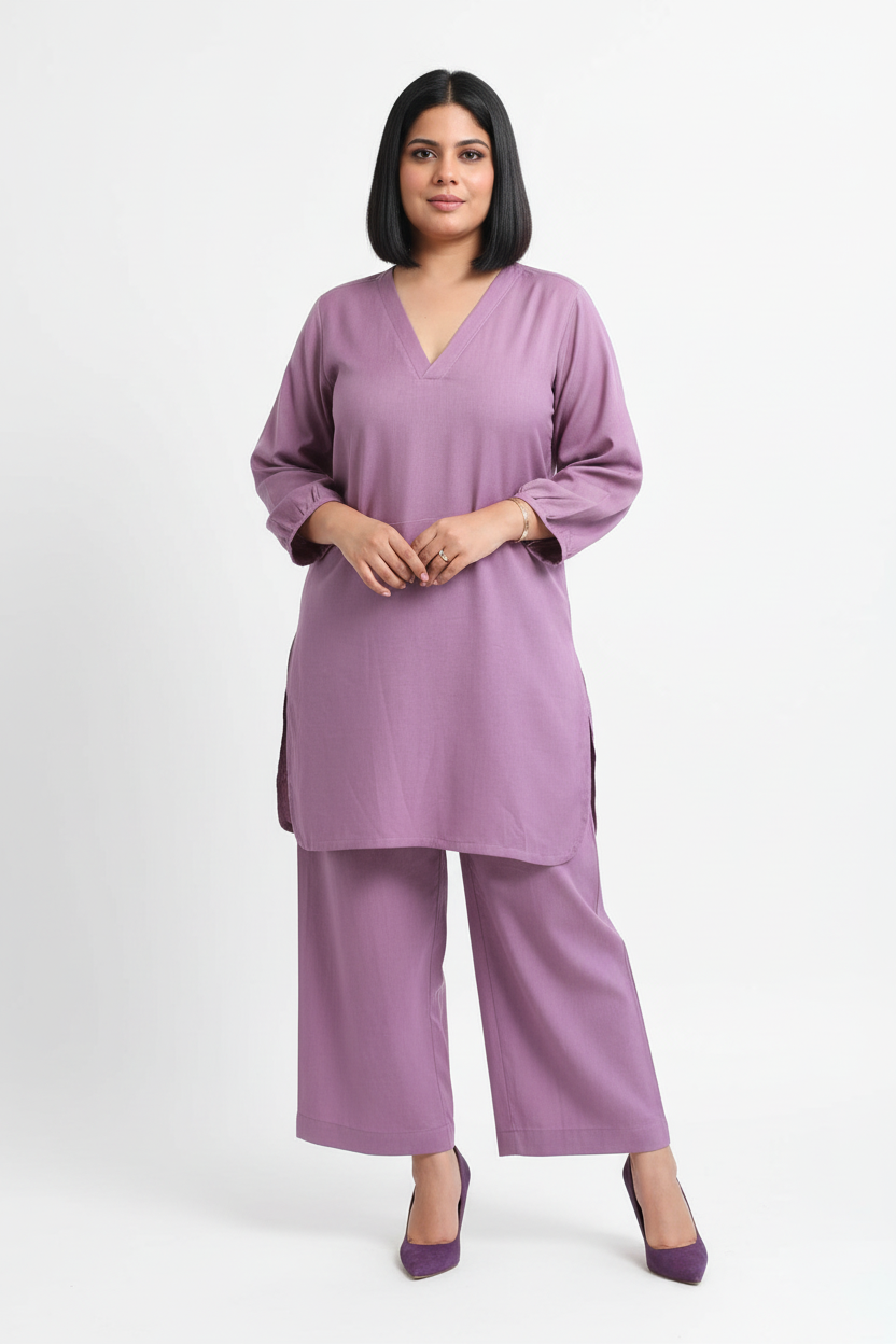 Woman wearing a purple outfit on a white background