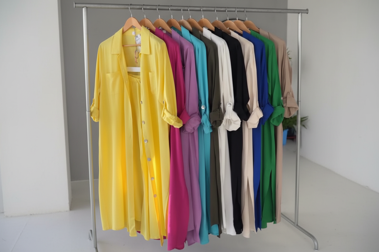 Colorful shirts on a rack against a white wall