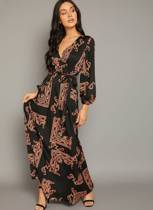 Stylish full-length printed maxi dress with deep V-neck and puff sleeves for women – PoshBella clothing.