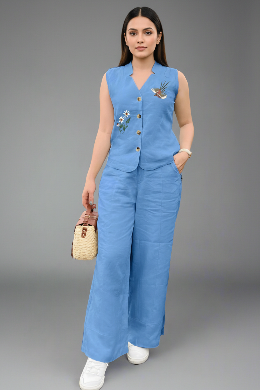 Woman wearing a blue sleeveless top and wide-leg pants with a gray background