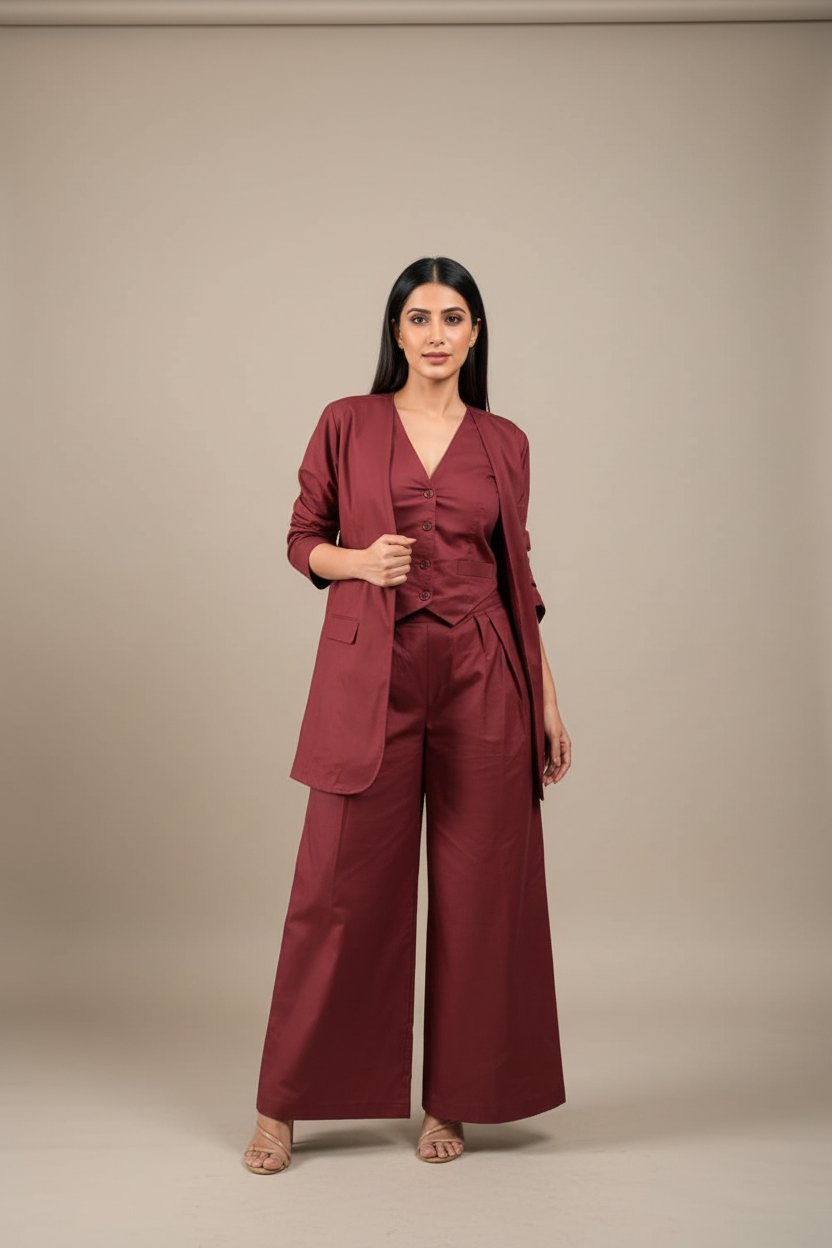 Woman wearing a maroon suit against a beige background