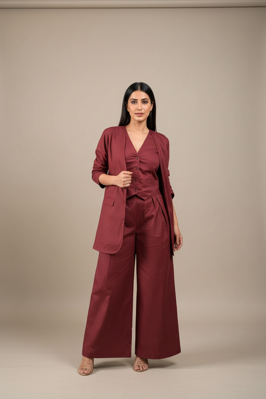 Woman wearing a maroon suit against a beige background