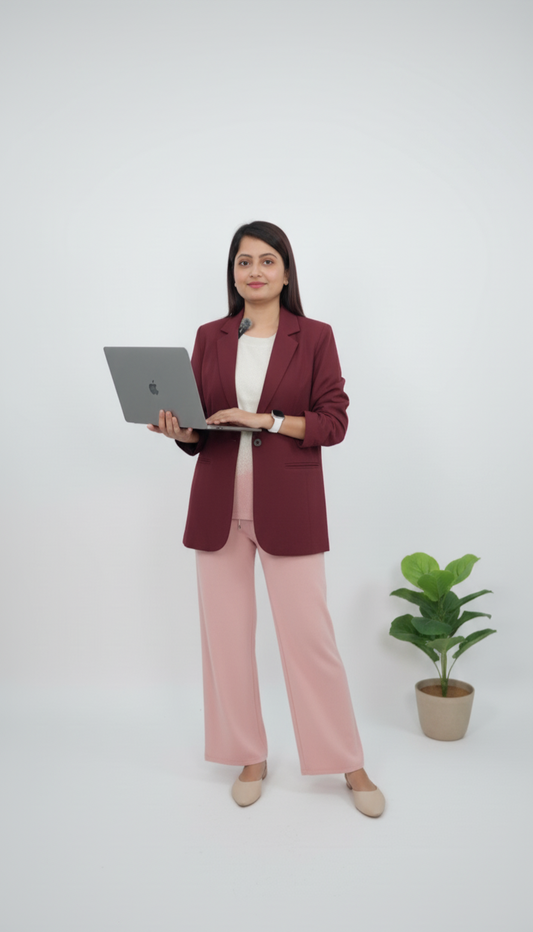 Woman holding a laptop in a professional setting with a plant in the background