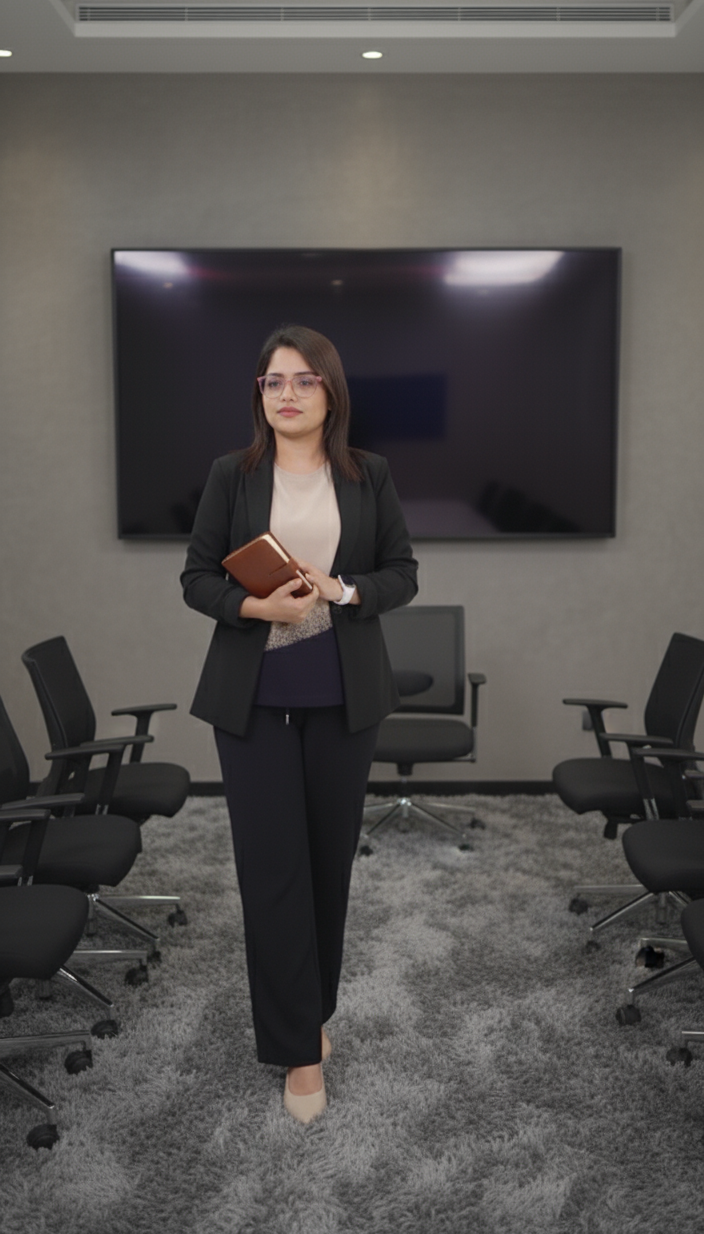 Woman in a professional setting holding a folder, standing in front of a screen.