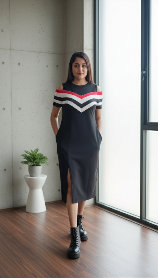 Woman wearing a black cotton chevron stripe cold-shoulder midi dress with side pockets and front slit