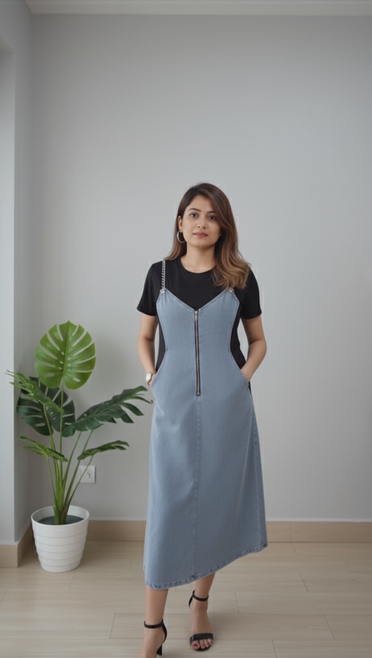 Woman wearing a black top attached with dress and light blue denim dress standing indoors with a plant in the background