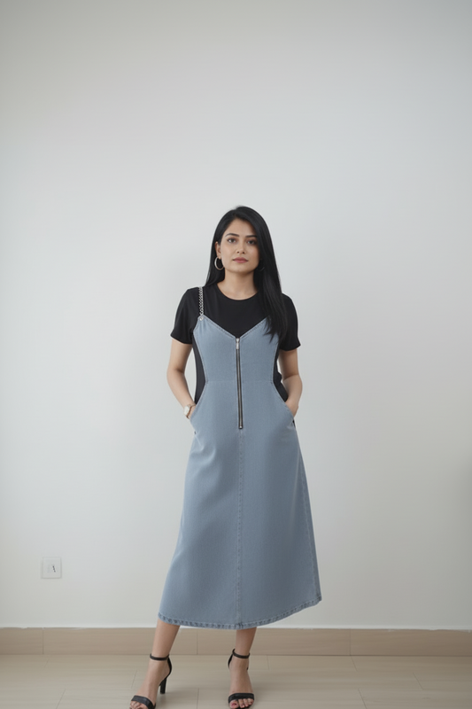 Woman wearing a black top and light blue dress against a plain background