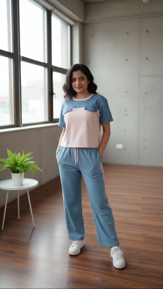 Woman wearing a denim blue cotton co-ord set with short-sleeve top and drawstring pants