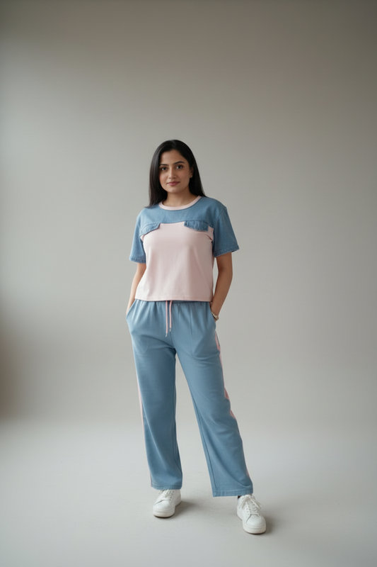 Woman wearing a two-tone top and light blue pants against a plain background