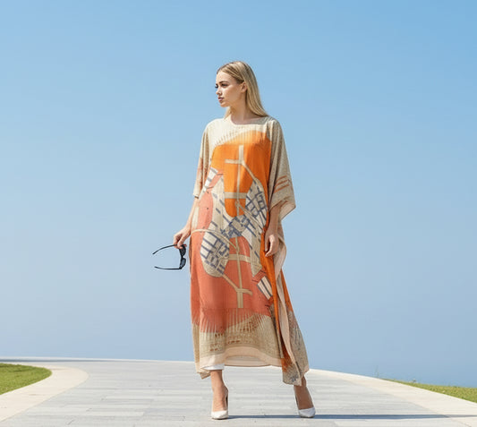 Woman wearing a long printed satin kaftan in orange and beige abstract design