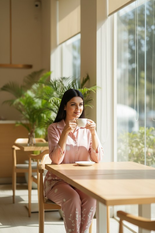 Woman sitting at a table in a bright room with large windows, holding a cup.