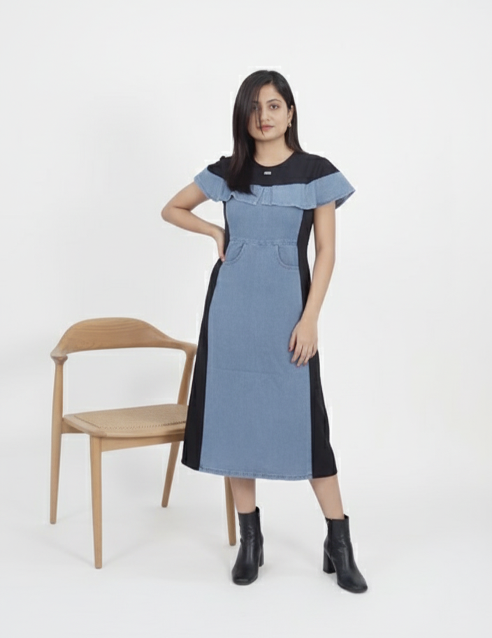 Woman wearing denim panelled midi dress in blue and black with short sleeves and round neck.