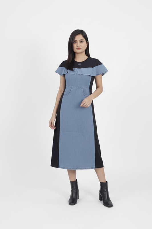 Woman wearing a blue and black dress on a white background