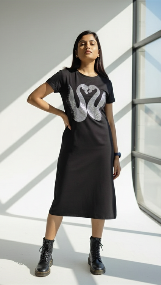 Woman wearing pastel black midi dress with teddy bear embellishment and side slit