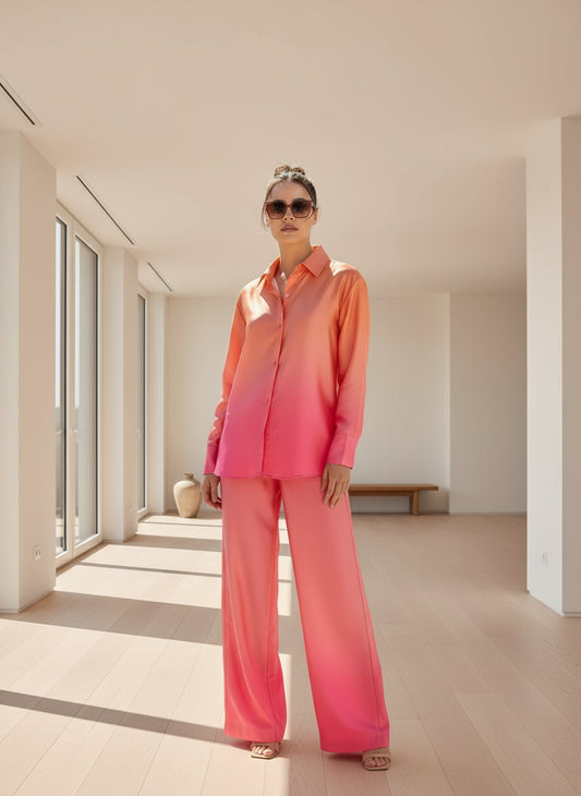 "Women’s blue ombre satin co-ord set with button-down shirt and wide-leg pants for party wear"