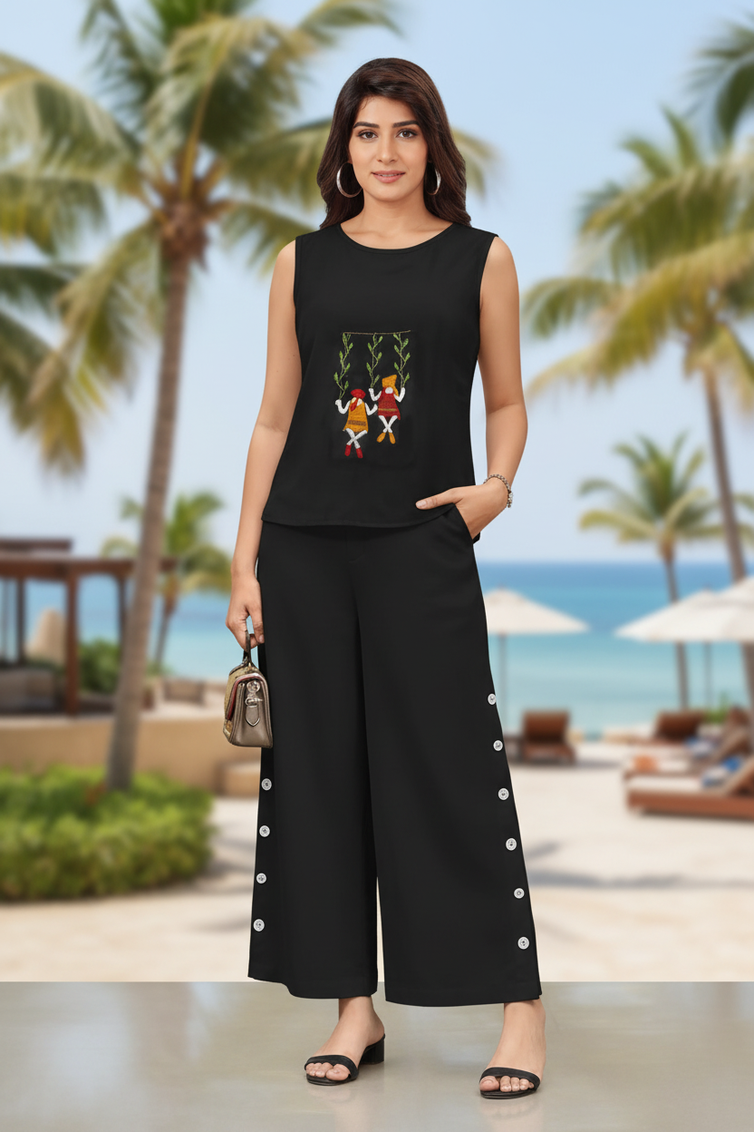 Woman in a black outfit with a beach and palm trees in the background