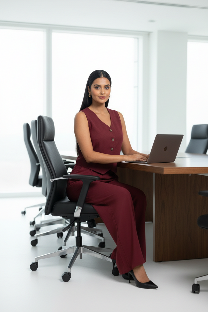 Woman sitting at a desk with a laptop in an office setting