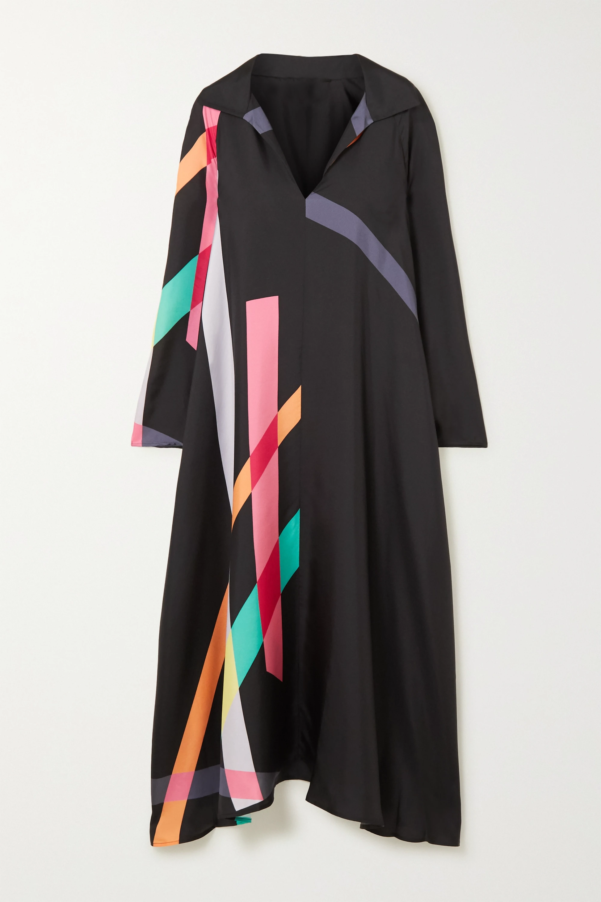 Black dress with colorful abstract pattern on a white background