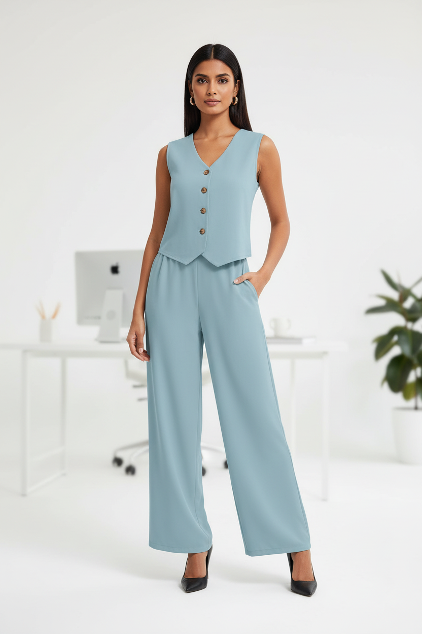 Woman in a light blue outfit with a wide-brimmed hat and straw bag against a white background