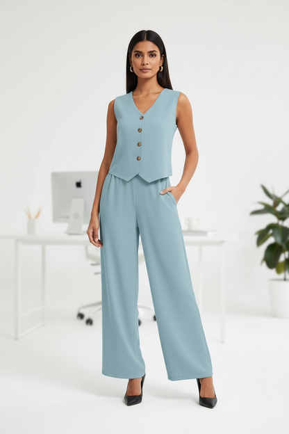 Woman in a light blue outfit with a wide-brimmed hat and straw bag against a white background