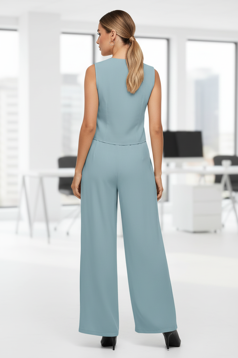 Woman in a light blue outfit with a wide-brimmed hat and straw bag against a white background