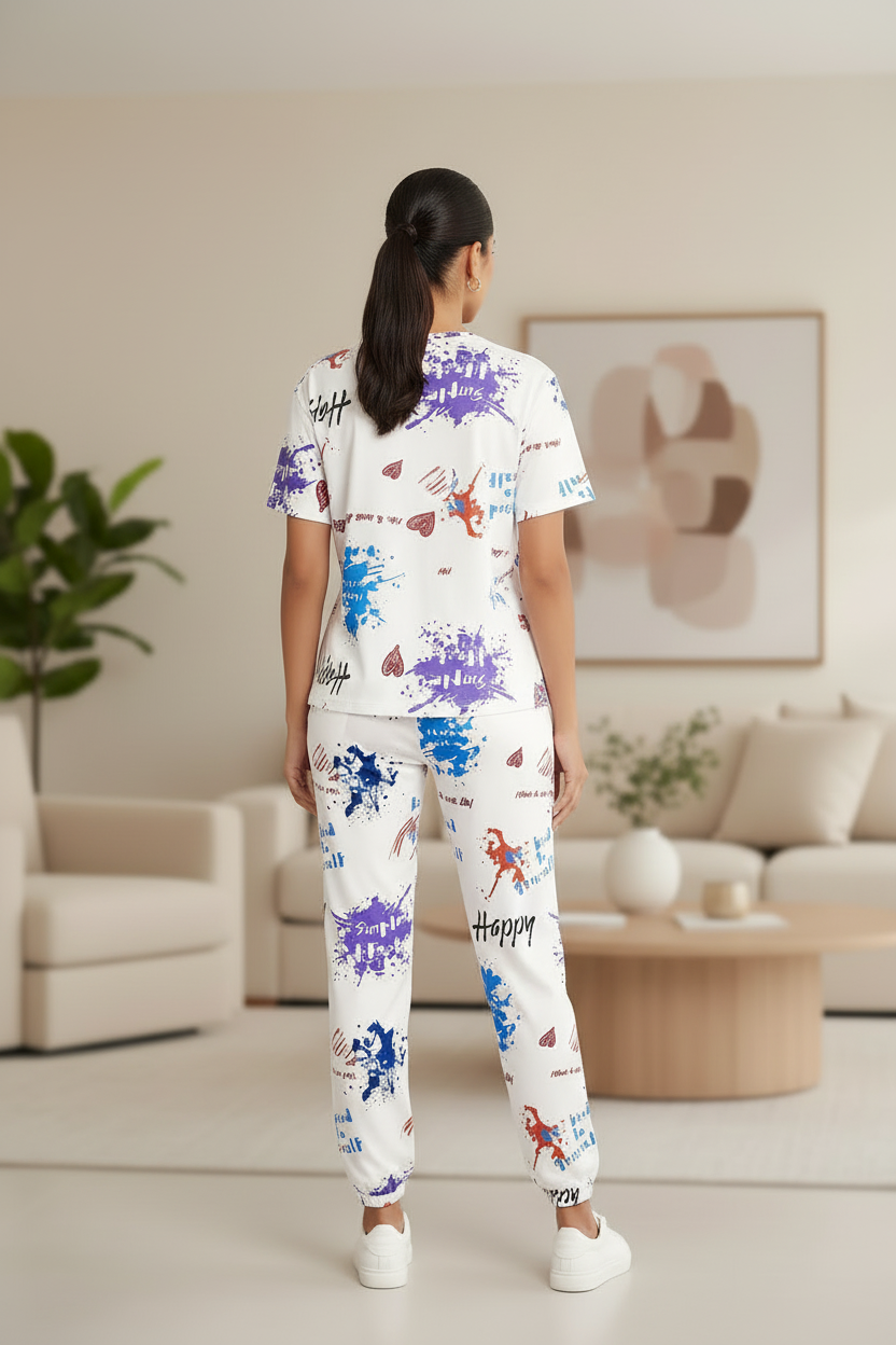 Person wearing a colorful outfit with text in a living room