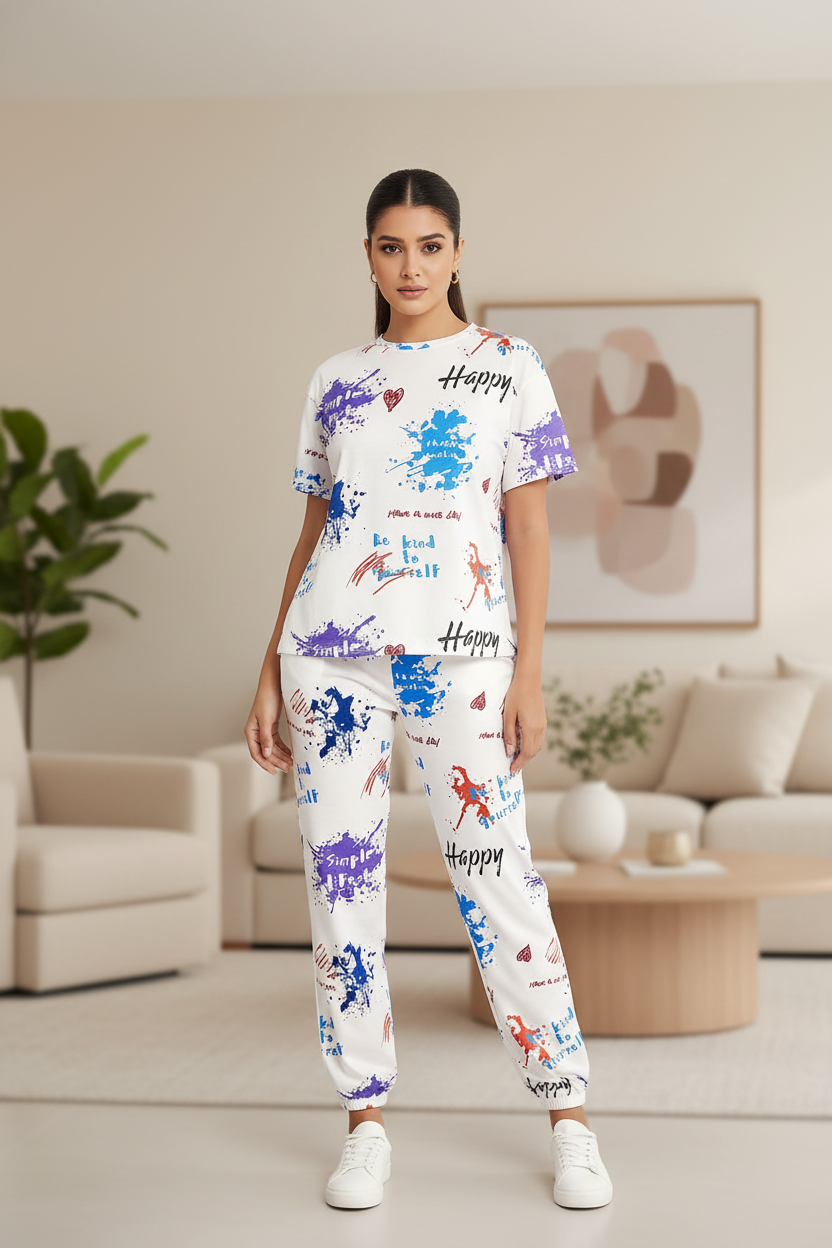 Woman wearing a colorful outfit with 'Happy' text in a living room setting