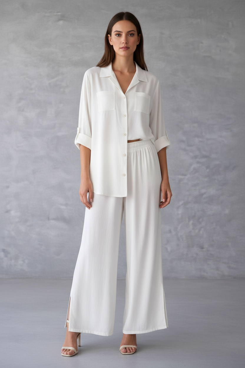 Woman wearing a white outfit against a gray background