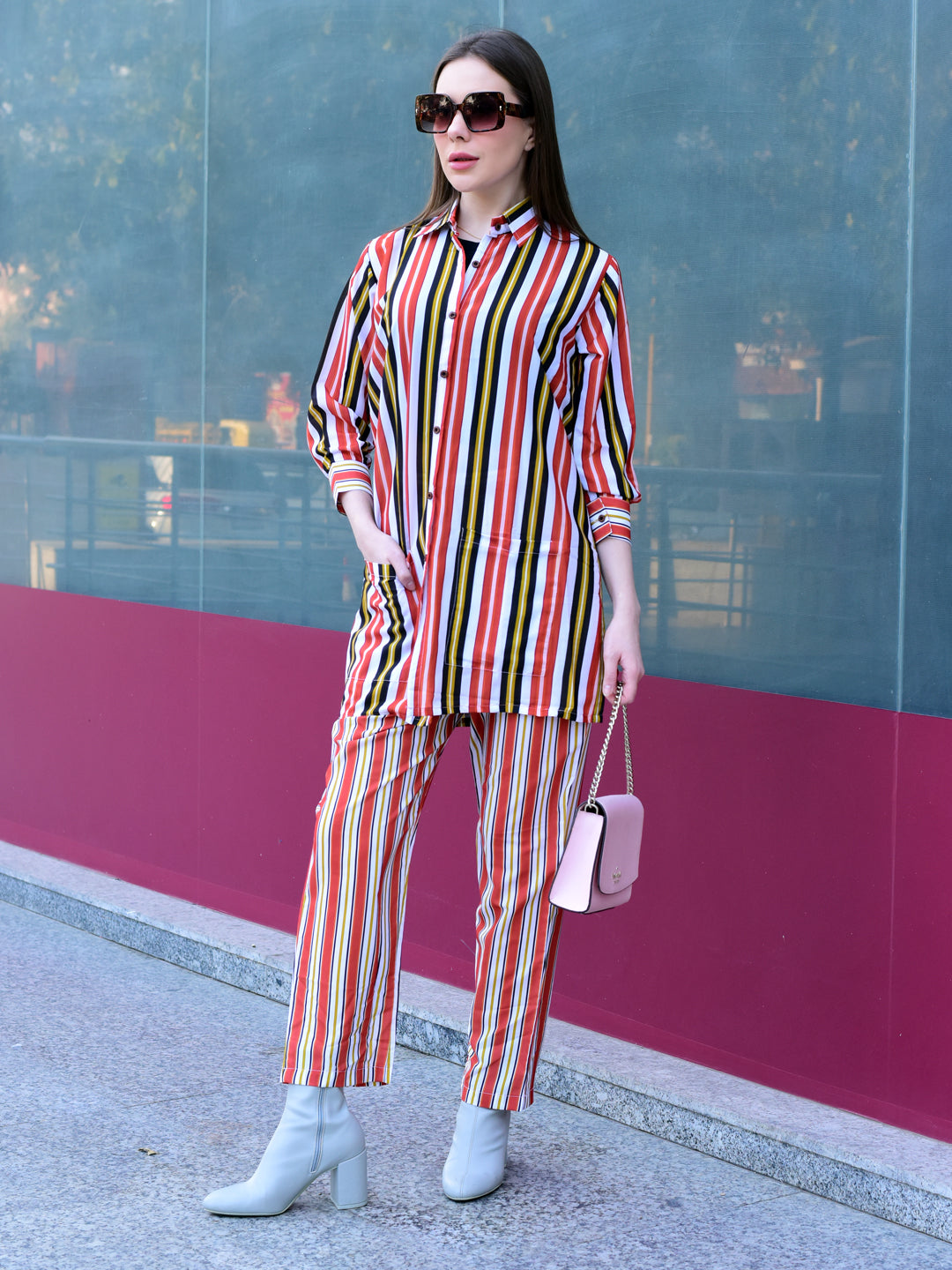 "Woman wearing a multicolour striped collar co-ord set – stylish and versatile outfit for women by PoshBella, perfect for work or casual wear."