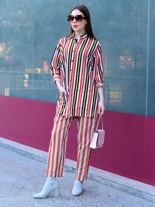"Woman wearing a multicolour striped collar co-ord set – stylish and versatile outfit for women by PoshBella, perfect for work or casual wear."